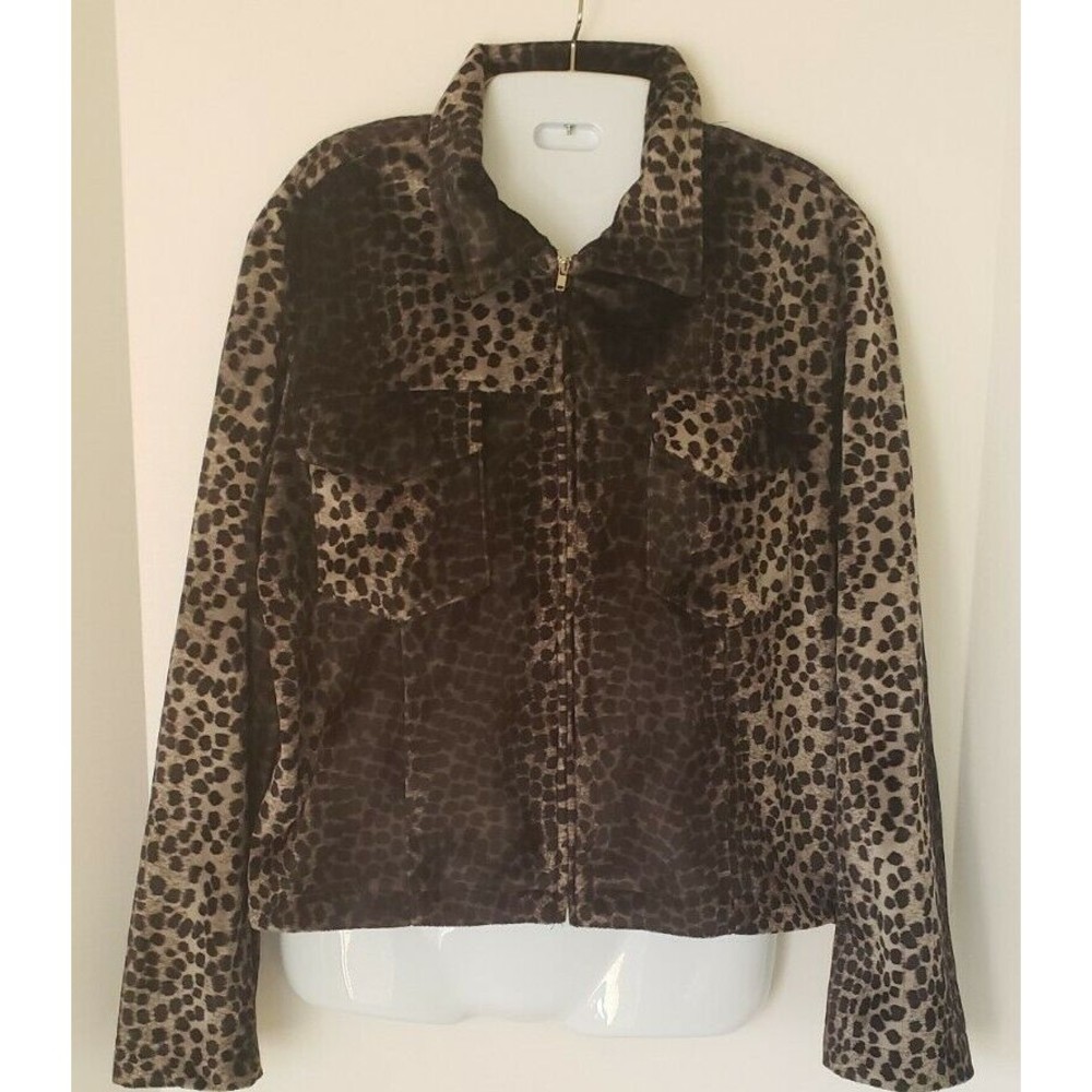David Paul New York Grey Leopard Print Zip Up Jacket w front pockets Sz Large